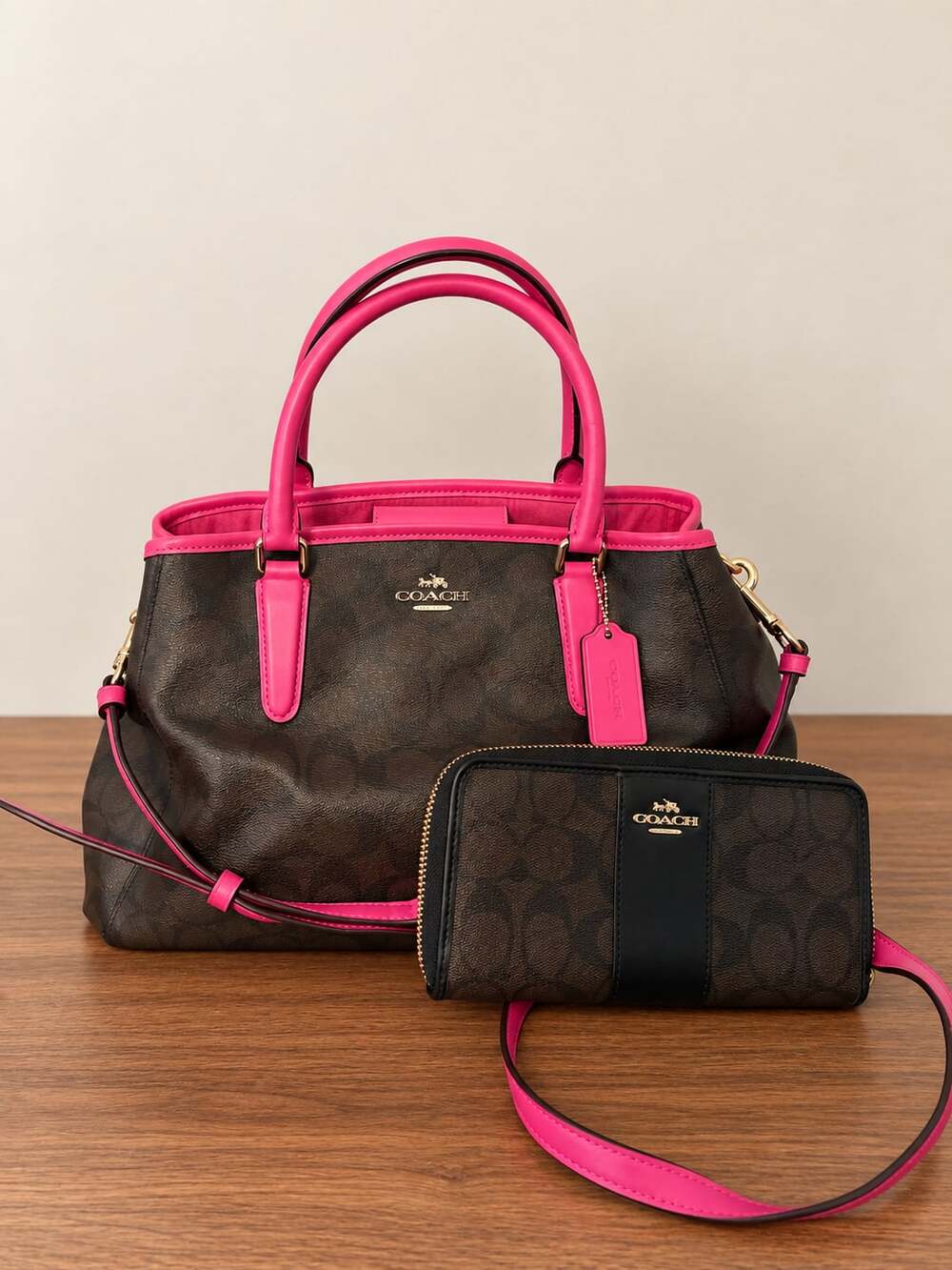 Coach Brown and Pink Signature Coated Canvas Margot Satchel Bag and Wallet Set